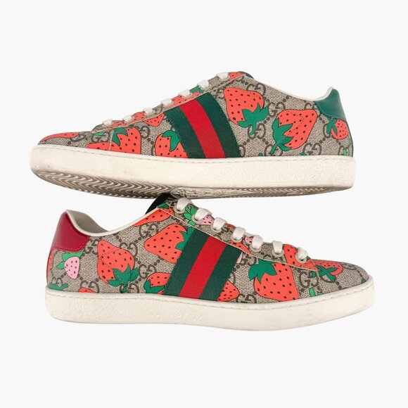 Gucci Ace Web Stripe Sneaker EU 38 US 8 Beige GG Monogram Strawberry Print - Picture 8 of 14